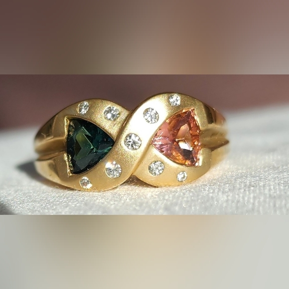 Gorgous 14kt Solid Yellow Gold Diamond Pink And Green Tourmaline Ring - Picture 4 of 5